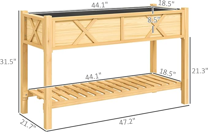 Dual-Tier Elevated Wood Planter Box with Storage Shelf – Raised Garden Bed with Drainage Holes &amp Non-Woven Liner – Weather-Resistant Painted Fir Wood for Outdoor Gardening (Natural Wood)