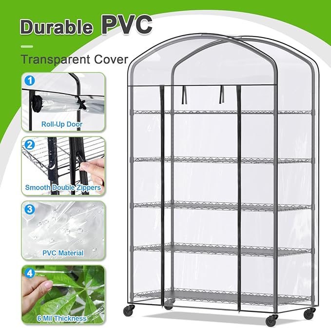 Abimars 5-Tier Greenhouse with Caster Wheel Each Shelf Height Adjustable Metal Plant Shelf with PVC Cover for Seed Starting Trays Seedling Pots Plant Pots 21x49x80inch