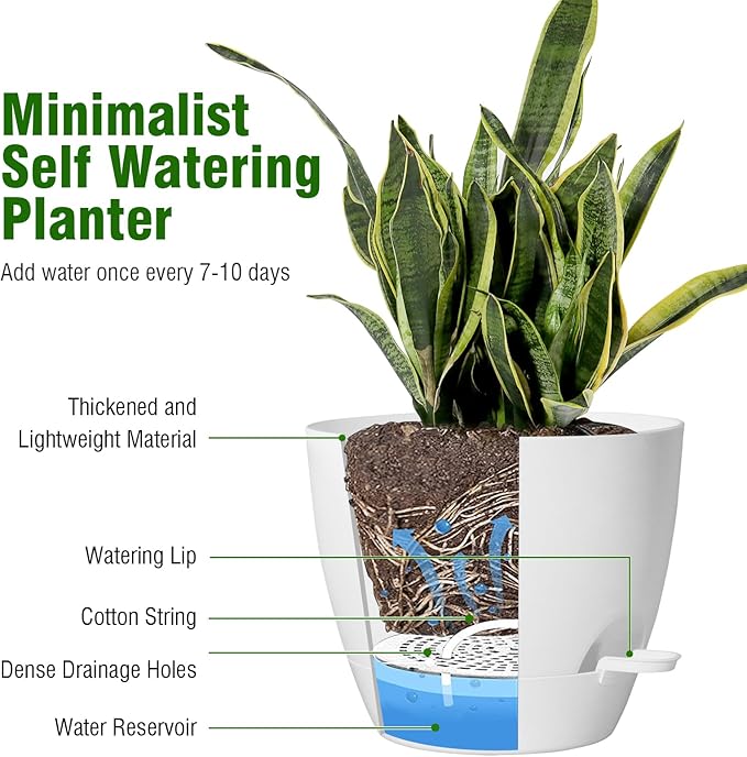 Large Self Watering Pots 12/10/9 Plastic Planters with High Drainage Holes and Deep Reservoir for Indoor Outdoor Garden Plants and Flowers White