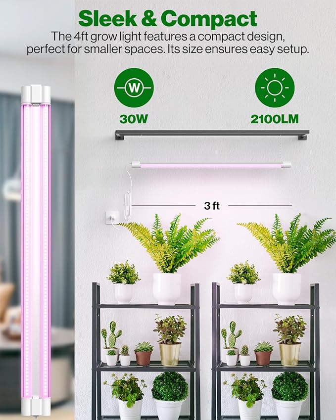 Sunco 3ft Grow Light LED 30W Full Spectrum for Seed Starting Seedling Indoor Plants Plug in Suspended Fixture Link Up to 5 Inline Switch UL/ETL 4 Pack.