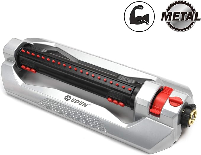 Eden 96216 Heavy Duty Turbo Oscillating Sprinkler Covers Up to 4900 sq. ft. 20 Precision Nozzles Aluminum Base Flow and Width Control Adjustable Range Quick Connects Filters