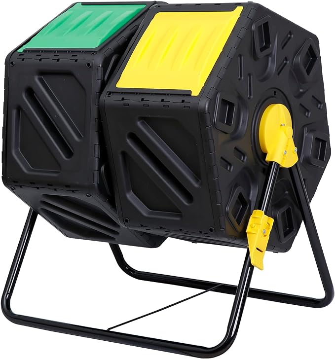 37 Gallon Compost Bin - High Volume Dual Chamber Tumbling Composter - Outdoor Garden Composting Tumbler w/ 2 Sliding Doors - Easy-Turn Fast-Working System BPA Free