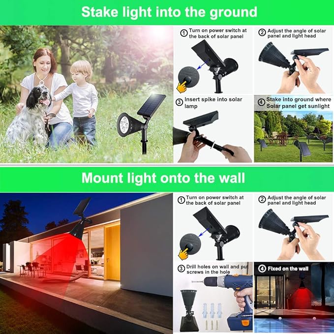Solar Lights Outdoor 4-LED Solar Spotlight LED Landscape Lights IP67 Waterproof Solar Powered Landscaping Lights Outdoor Lighting for Tree Garden Yard Patio(2 Pack Red)