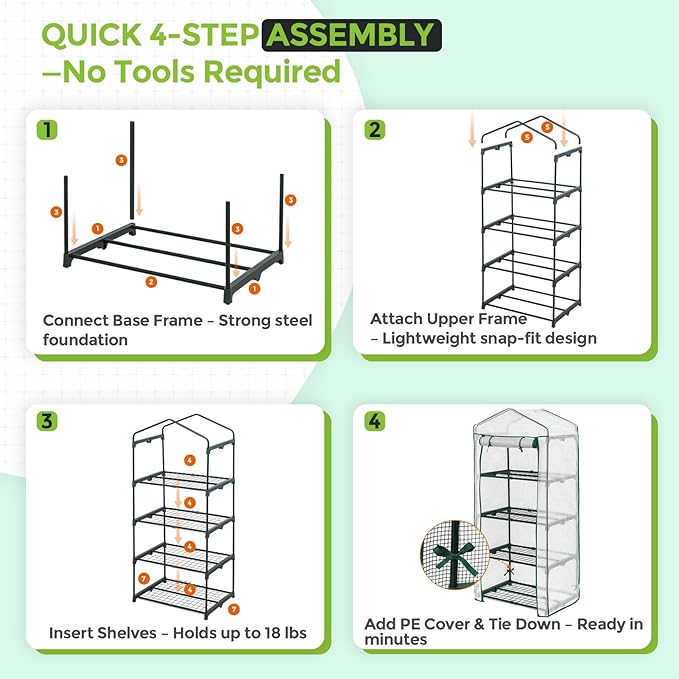 EAGLE PEAK 4-Tier Mini Greenhouse Portable Green House with Shelves &amp Weather-Resistant PE Cover Small Greenhouse for Seedlings &amp Gardening Gifts 27x19x64 in Clear/White