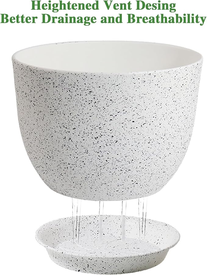 12/10/9 Large Modern Plant Pots Plastic Planters with Drainage Holes and Saucers for Indoor Outdoor Plants Flowers White Speckles