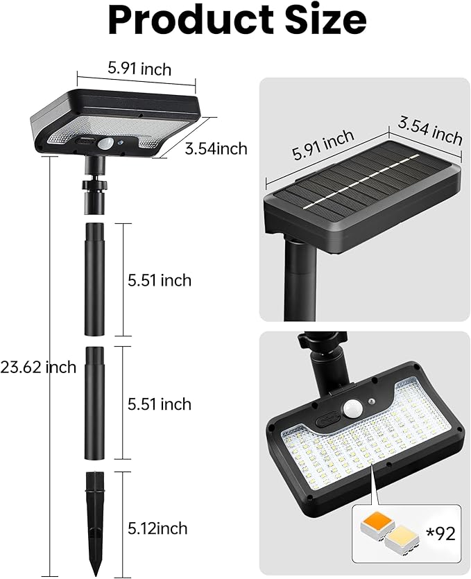 Solar Walkway Lights Outdoor 92 LEDs Motion Sensor Outdoor Lights600Lumen Brighter Solar Pathway Light with Adjustable Angle for Garden Yard Walkway(Warm White 2 Pack)