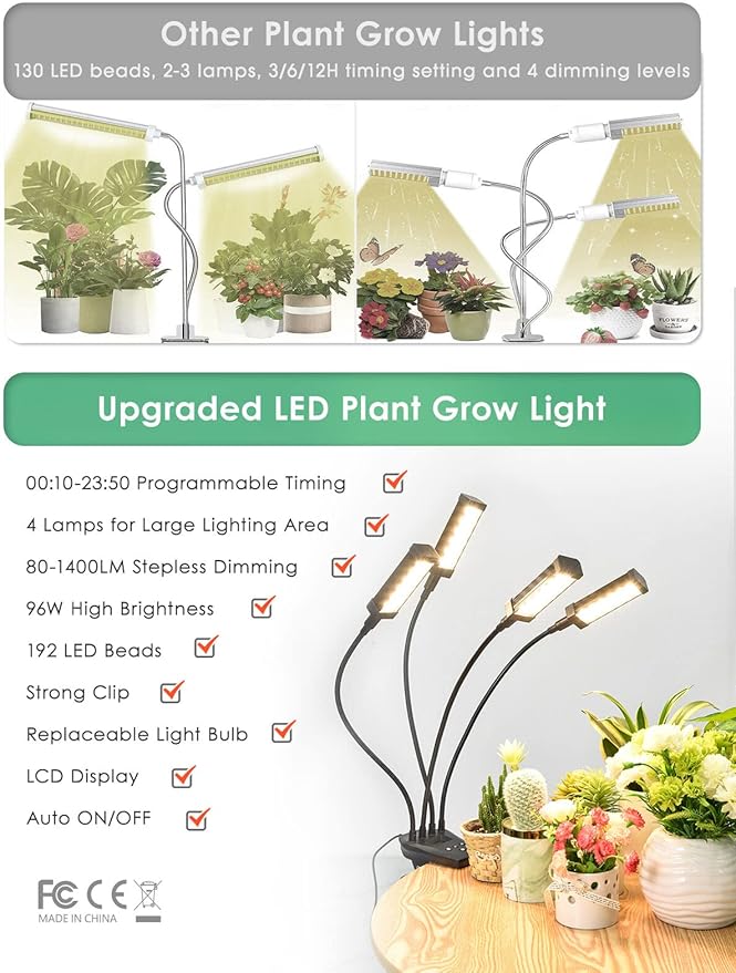 Garden Elements 4-Head Full-Spectrum LED Grow Light for Indoor Plants – Adjustable Timer Stepless Dimming Replaceable Bulbs – Ideal for Herbs Seedlings Vegetables &amp Flowers