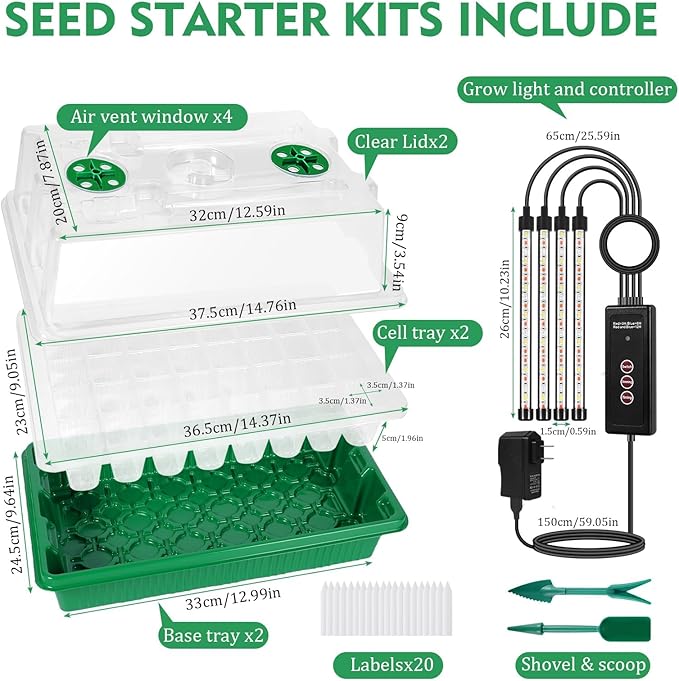 Verdenu Seed Starter Tray with Grow Light 2 Pack 80 Cells Seed Starter Kit with Humidity Dome Adjustable Brightness Seed Tray with Smart Timer 3 Modes 4 Timing Germination Kit for Indoor