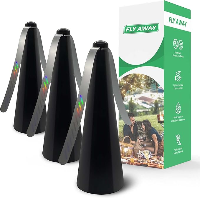 Fly Away - 3 Pack Outdoor Fly Repellent Fan Outside or Inside Table use Restaurant Barbeque Events Deter Flies Wasps Bees Other Moscas and Bugs Away Battery Operated Tabletop Hanging Hook.