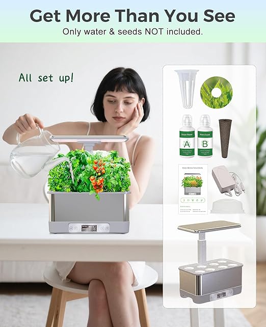 Smart Hydroponics Growing System with App Control 8 Pods Indoor Herb Garden Kit with LED Grow Light &amp Stainless Steel Body Self-Watering Planter for Basil Lettuce &amp Home Gardening