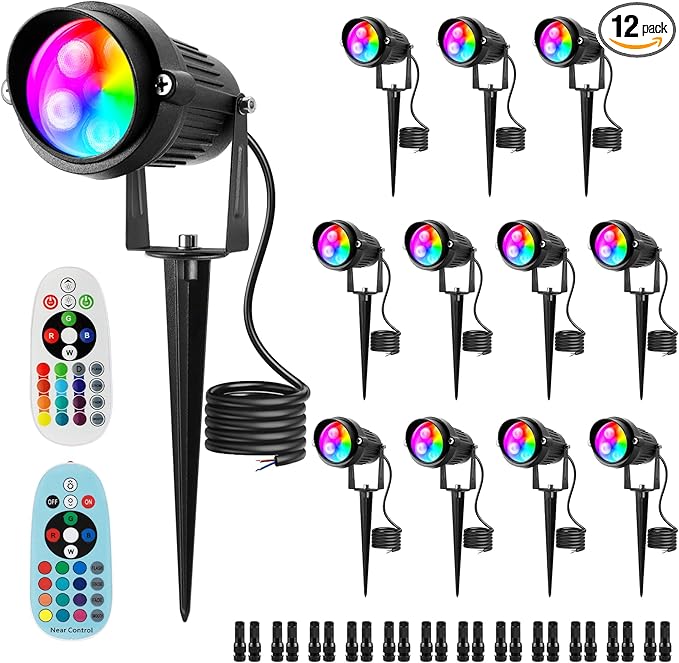 Junview Christmas RGB Color Changing Low Voltage Landscape Lights LED Landscape Lighting Remote Control Outdoor Spotlight Waterproof Yard Garden Pathway Christmas Decoration with Connectors (12)