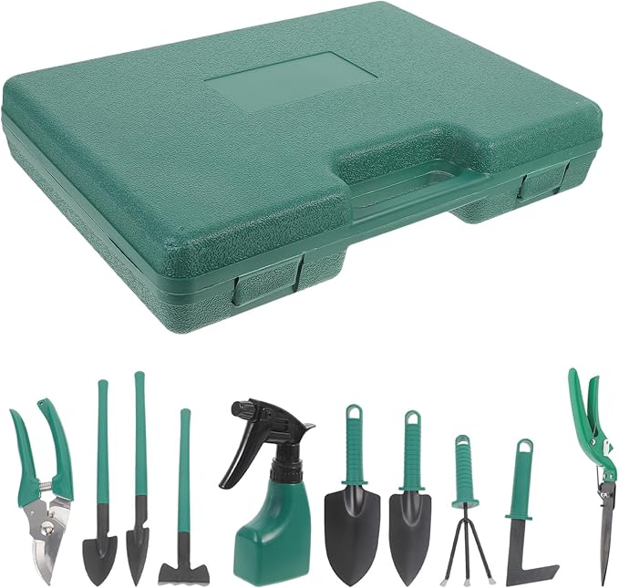 Homoyoyo Garden Tool Set with Carry Case 10pcs Heavy Duty Metal Shovels and Rakes Portable Gardening Supplies Kit for Planting and Landscaping Outdoor Use