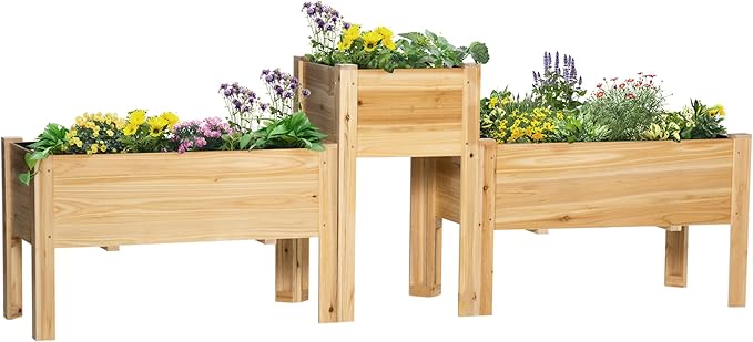 Raised Garden Bed Set of 3 Wooden Elevated Planter Box with Legs and Bed Liner for Backyard and Patio to Grow Vegetables Herbs and Flowers Natural