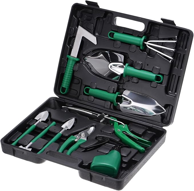 HARFINGTON 1 Set Garden Tool Set 10 Pieces Plastic Gardening Planting Tools Kits with Shovels Rake Scissor Trimmer Water Sprayer and Store Case Green