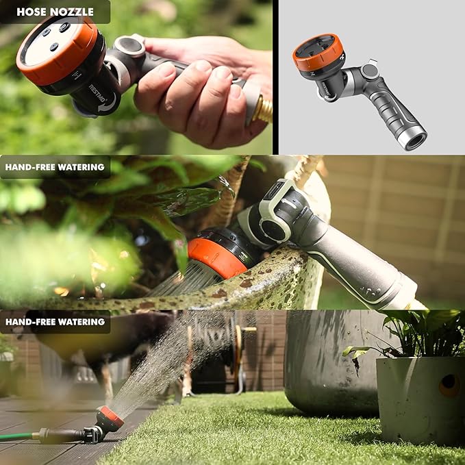 RESTMO Multi-Angle Garden Hose Nozzle with Sprinkler Function Heavy Duty Water Hose Nozzle with 4 Spray Patterns Magic Twist and Thumb Flow Control for Garden Watering Car Washing &amp Yard Orang