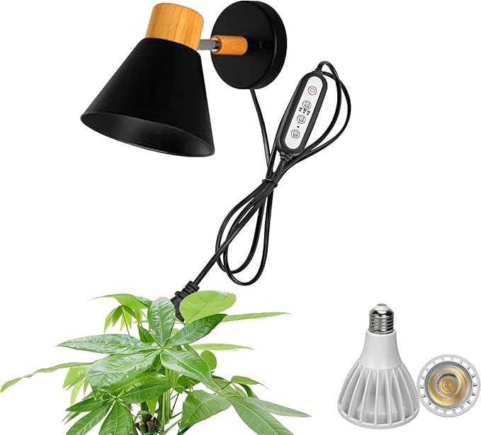 Hook Type Wall Mounted Plant Light Full Spectrum White Light 6000K 25W Bulb Modern Black Metal Wood Plug in Cord Timing Wall Lamps for Indoor Growing Plants Flowers