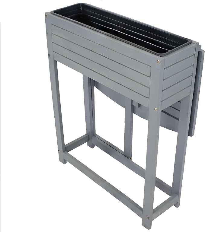 Sunnydaze Acacia Wood Raised Garden Bed with Shelf - Space-Saving Folding Tabletop with 40 lb Capacity - Gray