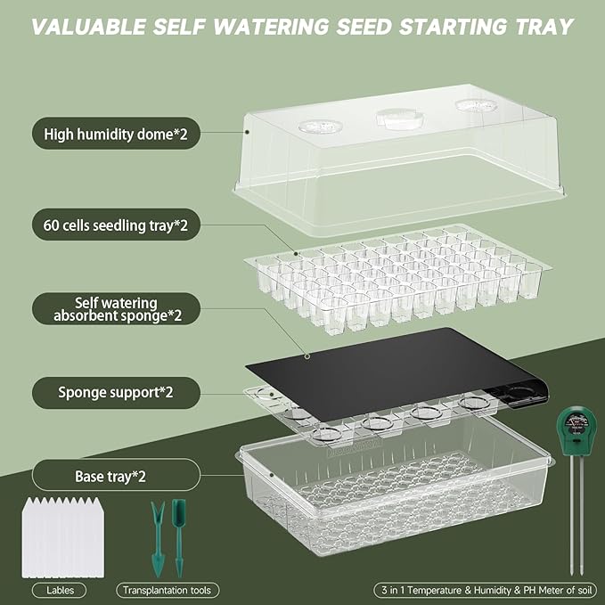 Self-Watering Seed Starter Tray Seed Starter Kit Self Water Germination Trays for Seed Starting with High Humidity Domes (Tray 120 Cells)