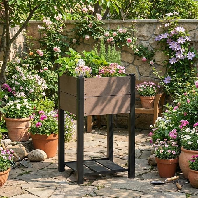 All-Season Raised Garden Bed with Storage Shelf Wood-Grain HDPE Planter Box with Black Aluminum Frame Chemical-Free for Growing Organic Vegetables and Herbs 19 l x 33 h