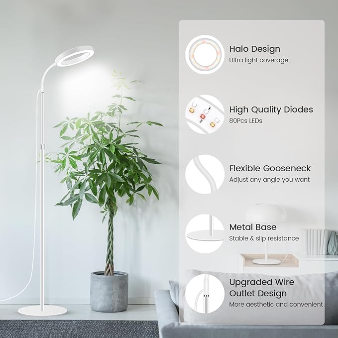Garpsen Grow Light Full Spectrum LED Plant Lights with Stand 3 Color Modes Floor Grow Lamp with Timer 6/12/16H 5 Dimmable Levels 67'' Adjustable Height for Indoor Large Plants(White)