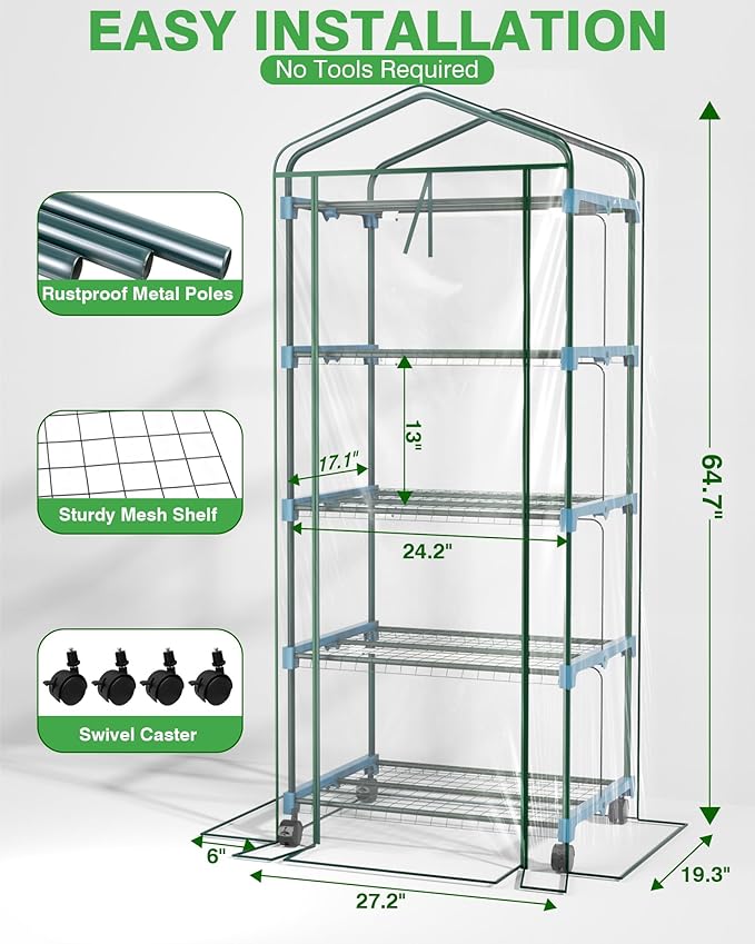 PYY Mini Indoor Greenhouse with Grow Light - Small Portable Outdoor Plant Green House Cabinet with Wheels Thermometer PVC Tent Cover 4 Dimmable 3 Color 2FT 36W LED Kit 4 Tier Gardening Shelves