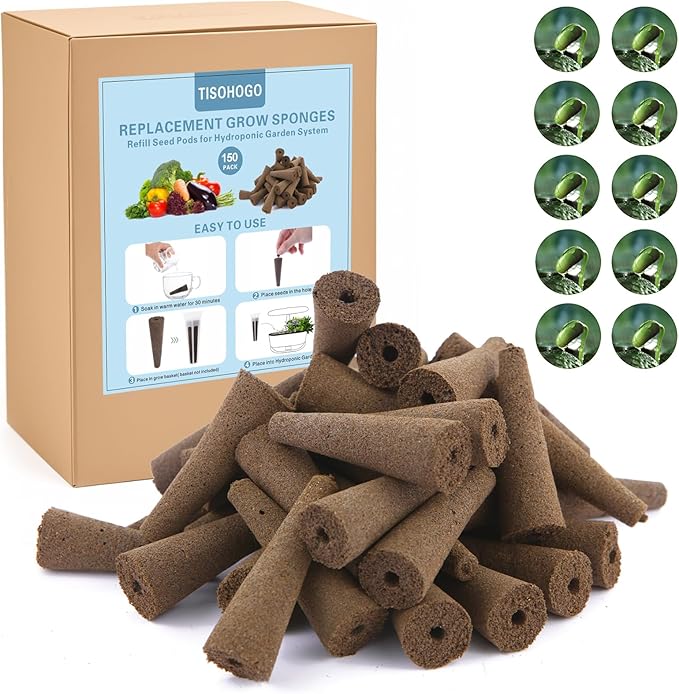 150 Pack Grow Sponges Seed Pods Replacement Root Growth Sponges Compatible with AeroGarden Moldy-Free Kit with 10 Pod Labels for Hydroponic Indoor Garden System