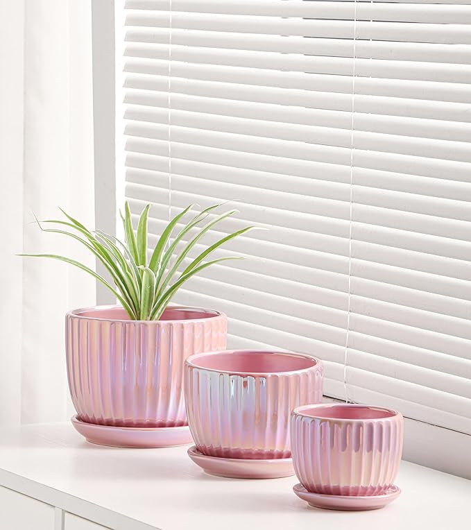 Ton Sin Pink Gold Ceramic Flower Pots 4+5+6 Inch Small Glazed Succulent Planters with Drainage HoleModern Indoor Decorative Plant Pots Set of 3Garden Pots with Saucer