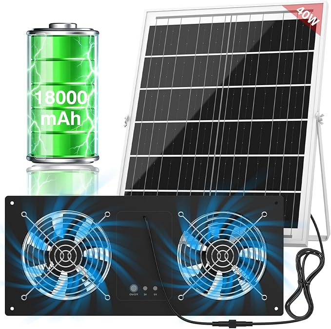 40W Solar Powered Exhaust Fan with 18000mAh Battery &amp Timer 3500RPM High-Speed Waterproof Ventilation Fan for Chicken Coop Greenhouse Shed Pet House &amp Window