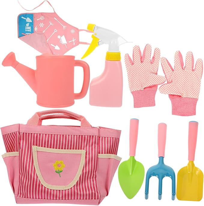 SUPVOX Miniature Kids Garden Tool Set Shovel Rake Trowel Watering Can Gloves Sprinkler and Apron Promotes Imagination Nature Exploration