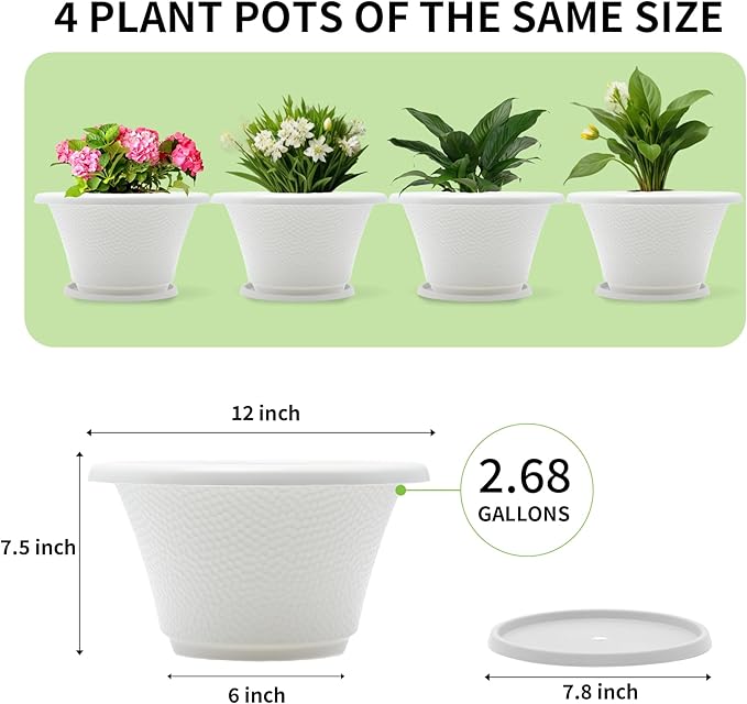 Quarut 12 Inch Plant Pot4 Pack Large pots for PlantsFlower Pots with Drainage Hole &amp SaucerModern Planters for Indoor Outdoor PlantsDecorative Resin Garden PotsWhite