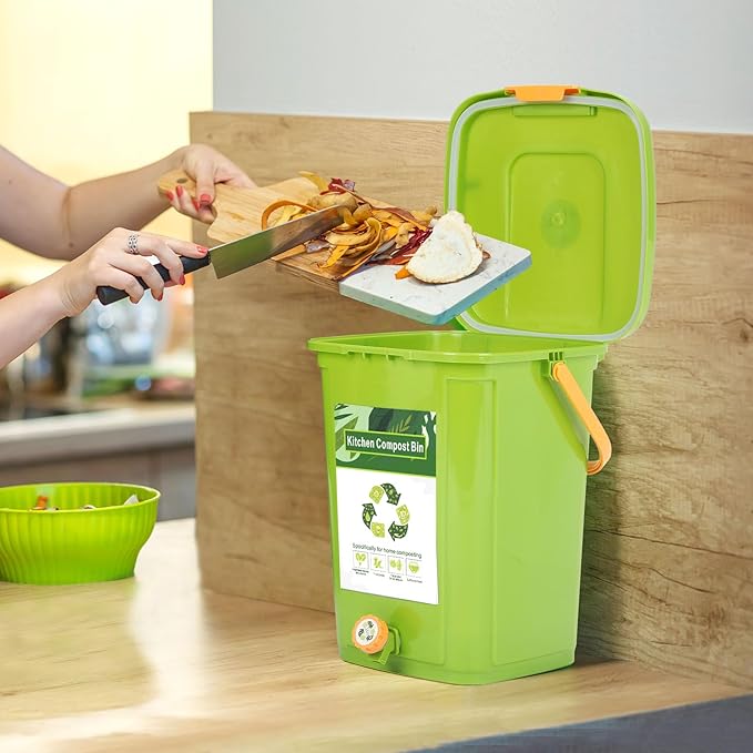 Compost Bin Outdoor 21 L Garden Composting Bin Bags Breathable Screen Window Reusable Garden Yard Waste Bags Speed Up Composting &amp Reduce Odors Indoor Small Kitchen Compost Bin with Lid Green