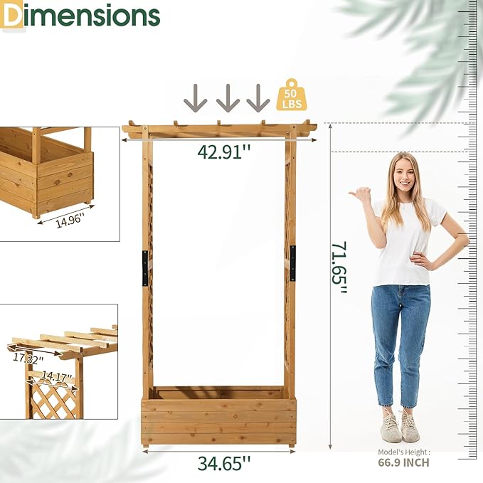 Outvita 72 Raised Garden Bed with Trellis Wood Planter Box with Hanging Roof Side Trellis and Drainage Holes Above Ground Elevated Garden Bed for Outdoor Climbing Plants Vegetables(Teak Color)