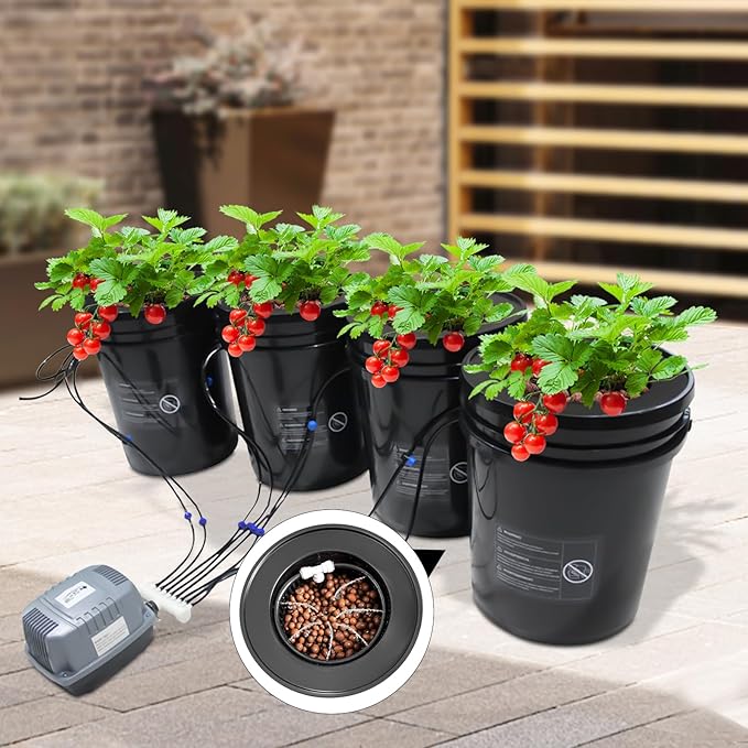 DWC Hydroponics Growing System 5-Gallon Deep Water Culture Recirculating Drip Garden System with Multi-Purpose Air Hose Air Pump and Air Stone (4 Bucket + Reservoir Kit)