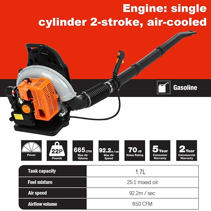 63CC Backpack Leaf Blower 2-Stroke Engine 6800r/min Gas Leaf Blower for Lawn Care Snow Blower Leaf Volume 1.7L Fuel Tank Blower for Road Cleaning Orange