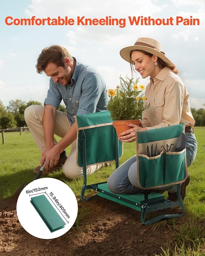 Garden Kneeler and Seat with 6 Thick EVA PadFolding Stool Bench330 lbs CapacityDual Tool BagsErgonomic Handles for SeniorsLightweight &amp Portable for GardeningWeedingPlanting