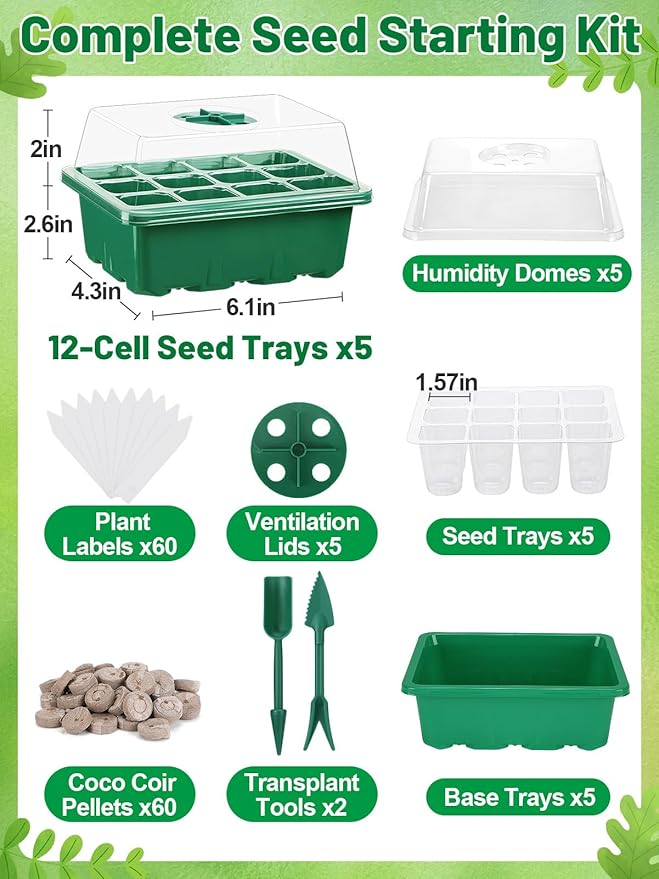 Apipi 5 Pack Seed Starter Kit with 60 Coco Coir Pellets - 60 Cell Seed Starter Trays with Domes for Indoor Greenhouse Germination Home Gardening System for Vegetables/Herbs/Flowers