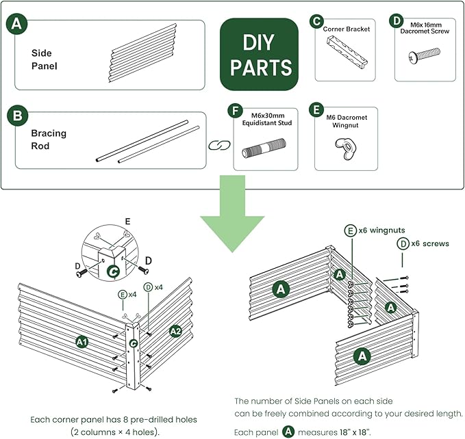 ANLEOLIFE 8-Pack 24 Inch Raised Garden Bed Support Rods Reinforcement Stabilizer Bracing Kit with Connector Studs &amp Screws to Prevent Bowing in Raised Garden Beds Quartz Grey