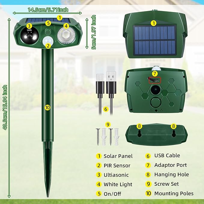 4Pack Solar Ultrasonic Cat Repellent Outdoor Animal Repellent with Flash Light&ampUSB Charge Waterproof Animal Deterrent Devices Deer Repellent Devices for Rabbit Squirrel Skunk Repellent for Yard