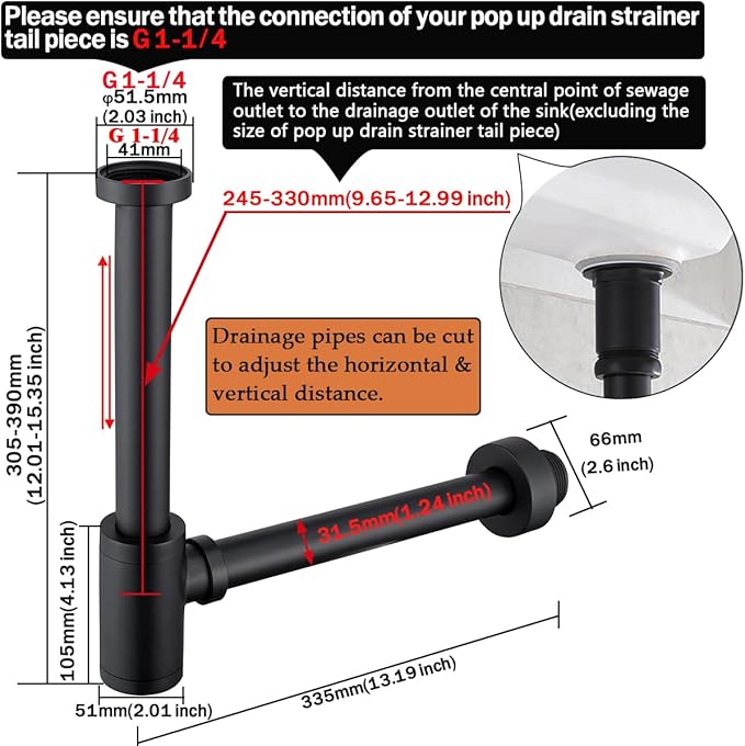 RANDOM Brass Round Bottle P Trap 1 1/4Raise and Lengthen Adjustable Basin Sink Waste Drain Trap Kit Matte Black.RD-83888MB-L