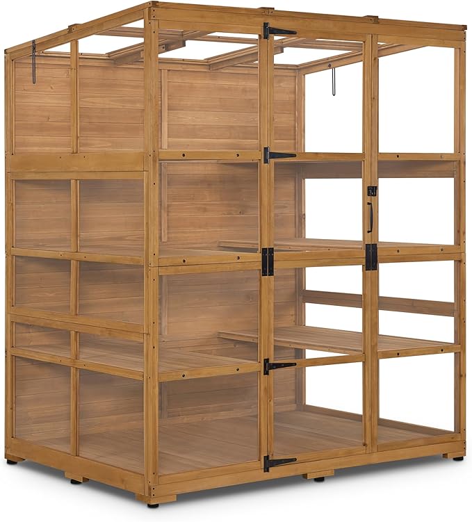 Macrout Wooden Walk-in Greenhouse with Acrylic Panels Large Greenhouse Outdoor with Openable Roof Vents with Lockable Door G976