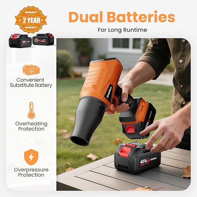 Leaf Blower Cordless 48 V Dual Batteries 30000 RPM Turbo Jet Blower with Extended Nozzles Premium Lightweight Handheld Set for Lawn Care Leaf/Car/Snow/Dust Cleaning in Patio &amp Yard