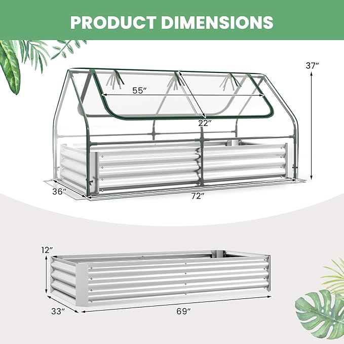 HAPPYGRILL Raised Garden Bed with Cover Galvanized Metal Planter Box Kit w/2 Large Zipper Mesh Screen Windows Outdoor Raised Beds for Gardening Flowers Vegetables (Silver)