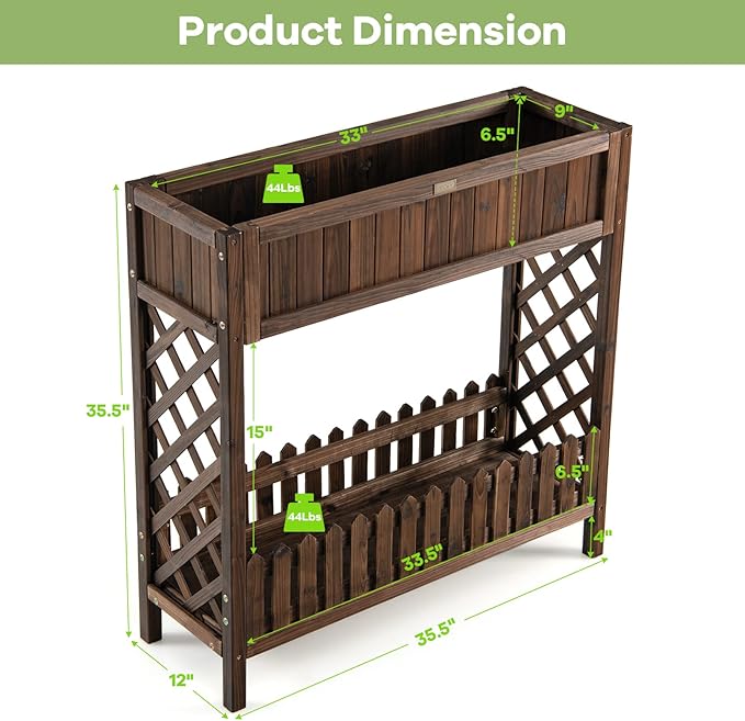 Giantex Planter Raised Bed Elevated Potted Plant Rack W/Shelf Fence Wooden Standing Plant Container Box w/Trellis for Vegetable Flower Herb Succulent Indoor Outdoor Patio Balcony (Brown)