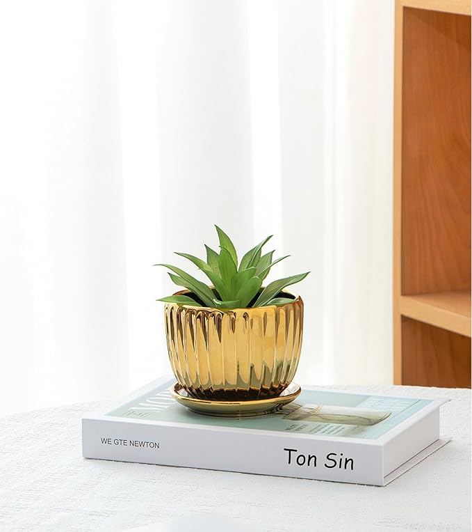 Ton Sin Gold Plant Pots4.1+5.1+6.5 Inch Ceramic Succulent Planters Set of 3 Mini Indoor Flower Pot with DrainageHandmade Decorative Ceramic Orchid and Herb Pots(Gold)