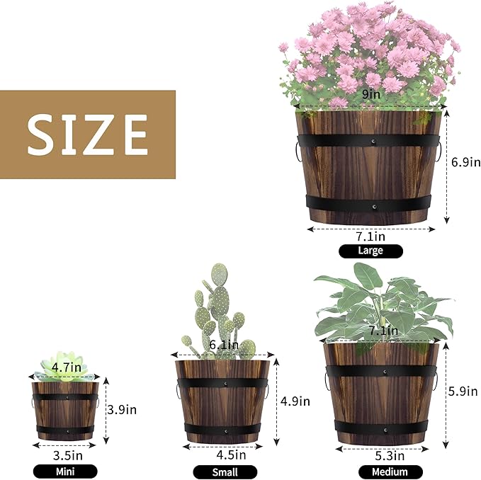 Adnee 4 Pack Wooden Whiskey Barrel Planters - 4 Sizes Wooden Bucket Barrel Garden Planters Set - Rustic Flower Planters Pots Container for Indoor Outdoor Garden Home Plants(4.76.17.19)