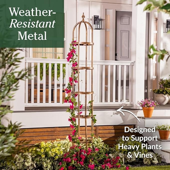 Plow &amp Hearth Metal Garden Plant Obelisk | Indoor &amp Outdoor Safe | Powder-Coated Steel Cast Iron Finial | Trellis for Climbing Planters | Stamped Floral Pattern | 14 Dia. x 8'H (Antique Coppe