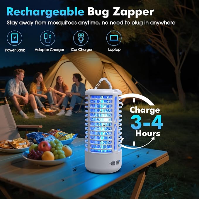 Rechargeable Bug Zapper（2 Pack） Portable Electric Mosquito Killer for Indoor &amp Outdoor Fly Trap for Camping Patio Garden Kitchen and Porch(White)