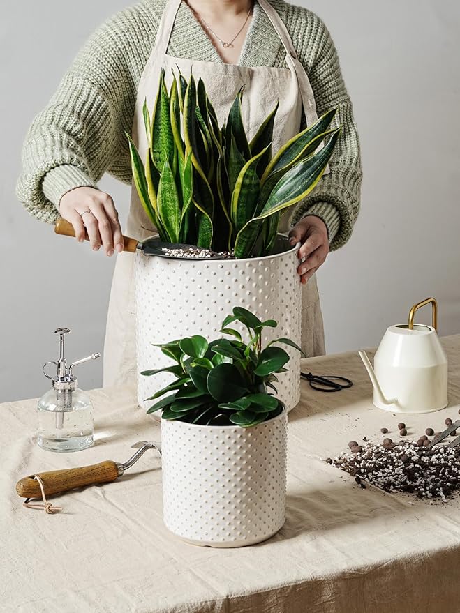 LE TAUCI Ceramic Pots for Plants 10/8/6 Inch Indoor Planters with Draiange Hole Silicone Plug &amp Mesh Pad Modern Rasied-Dots Pots for Home Office Set of 3 Glossy Arctic White
