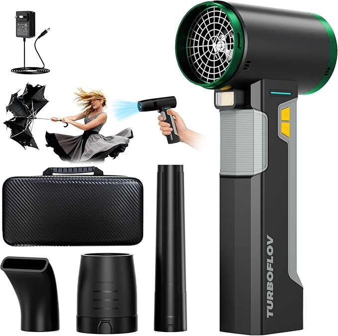 Oley Cordless Car Dryer Air Blower 1.6KG Turbo Thrust 4-Speed Rechargeable Electric Leaf Blower with LED Light 4000mAh Battery 64mm Turbo Fan &amp 3 Nozzles for Car Drying Leaves &amp Snow (Sea