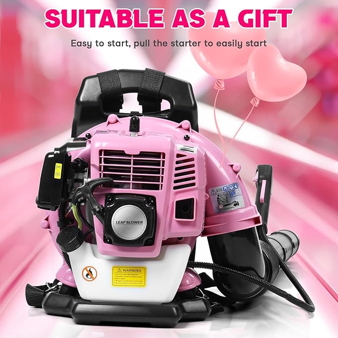 63CC Backpack Leaf Blower Gas Powered 3HP 2-Stroke Engine 665CFM High Velocity Air Cooling System Adjustable Backpack Blowers Gas for Lawn Garden Yard Snow Gutter Cleaning (Girls Pink)